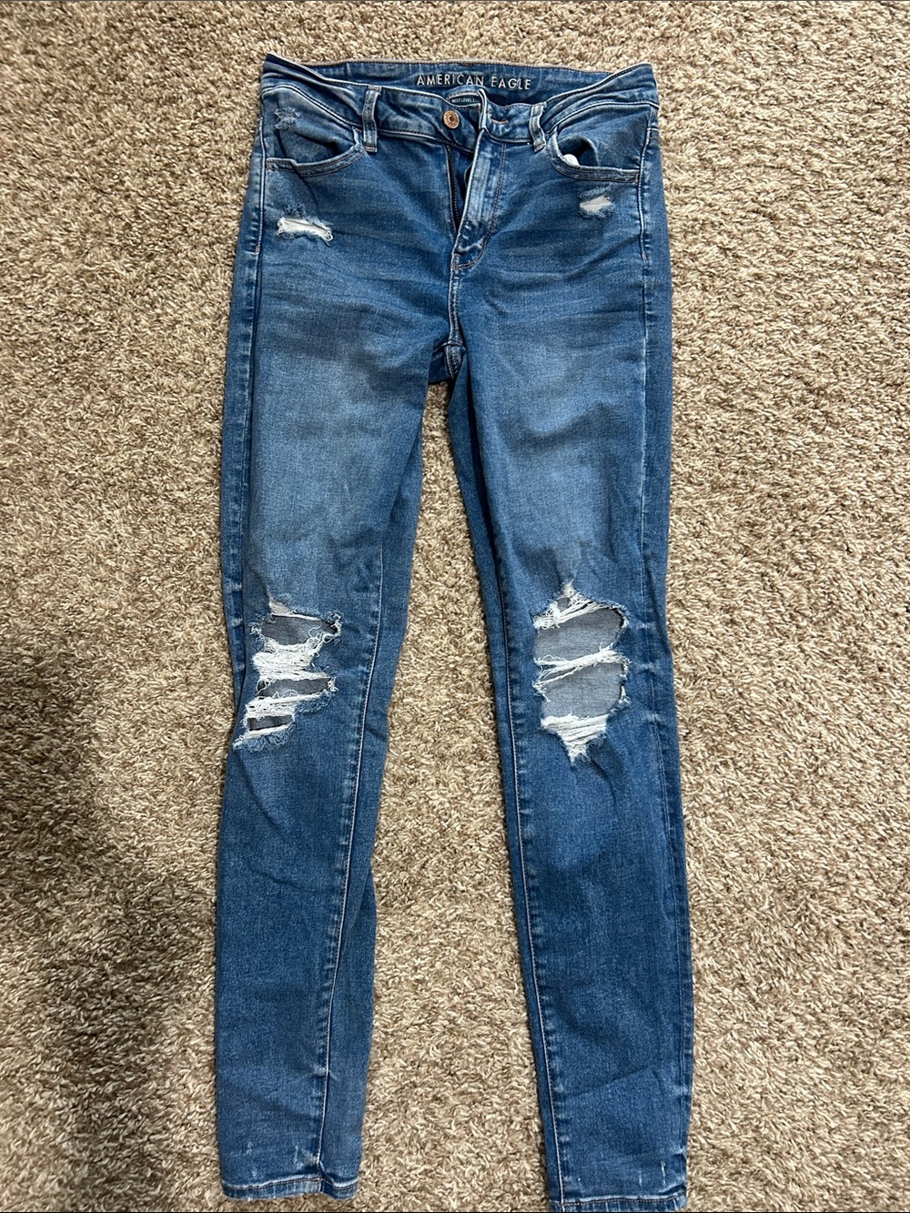 American Eagle Outfitters Women's Dark Blue Ripped Skinny Jeans